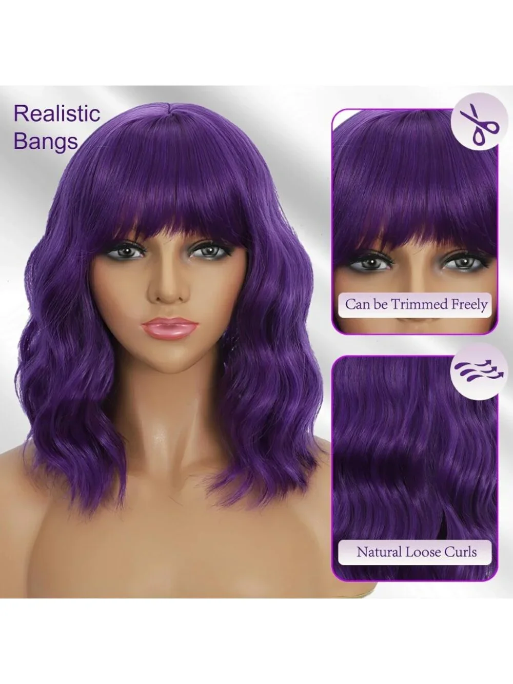 Women's Dark Purple 14 Inch Heat Resistant Synthetic Short Wavy Bob Wigs Bangs